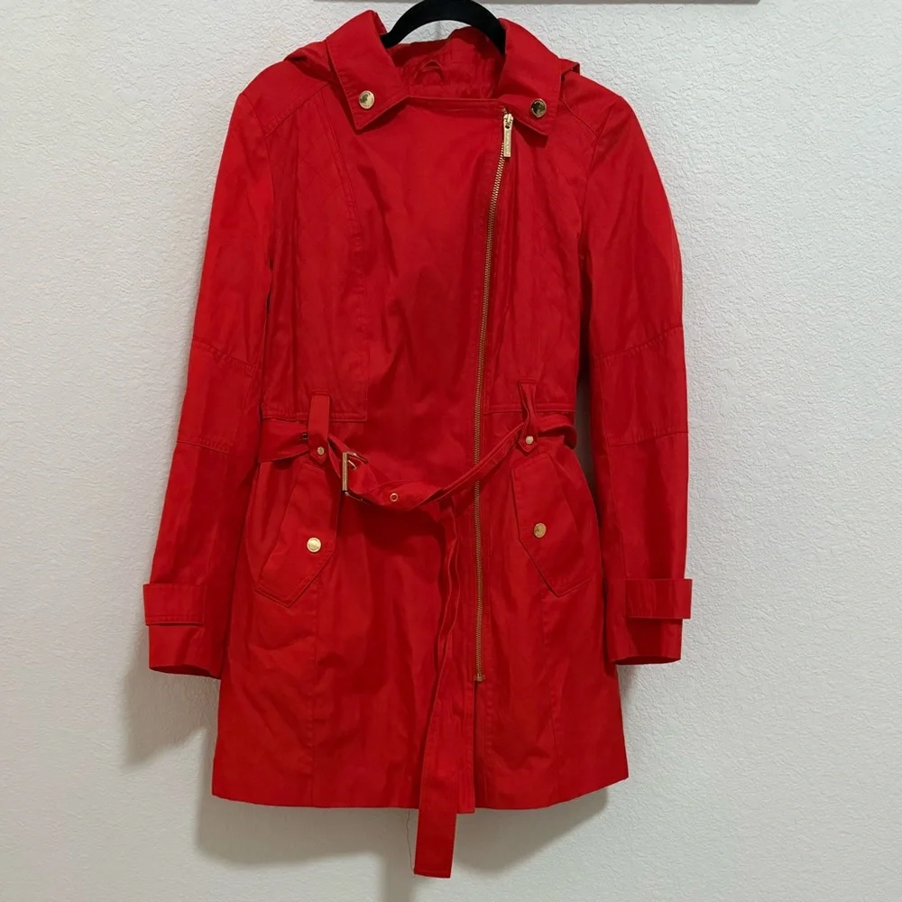 MICHAEL Michael Kors Red Belted Trench Coat Rain Jacket Hooded Size M Medium
